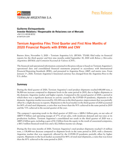 Thumbnail Ternium Argentina Quarterly Report 2020-q3
