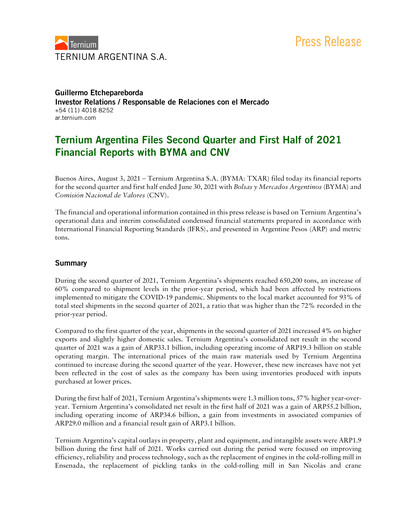Thumbnail Ternium Argentina Quarterly Report 2021-q2