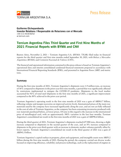 Thumbnail Ternium Argentina Quarterly Report 2021-q3