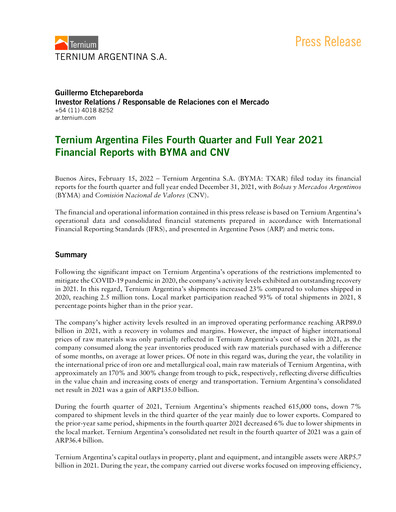 Thumbnail Ternium Argentina Quarterly Report 2021-q4