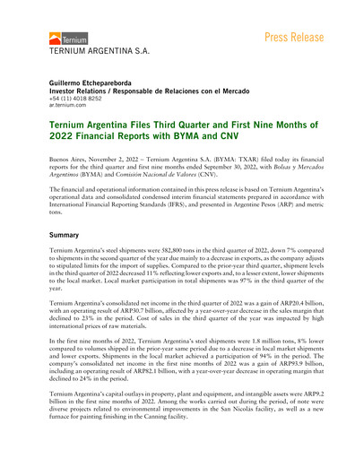 Thumbnail Ternium Argentina Quarterly Report 2022-q3
