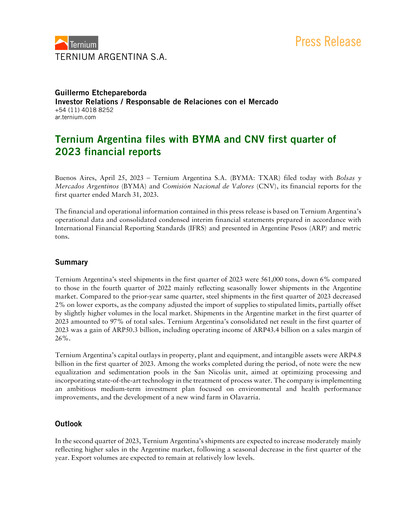 Thumbnail Ternium Argentina Quarterly Report 2023-q1