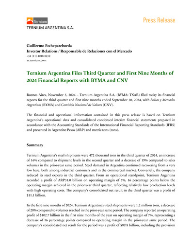 Thumbnail Ternium Argentina Quarterly Report 2024-q3