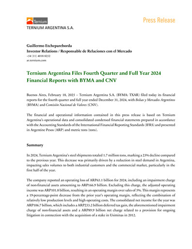 Thumbnail Ternium Argentina Quarterly Report 2024-q4