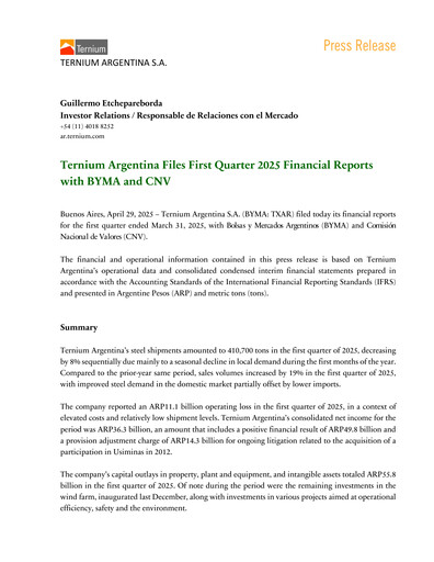 Thumbnail Ternium Argentina Quarterly Report 2025-q1