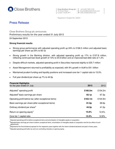 Thumbnail Close Brothers Group Financial Report 2013
