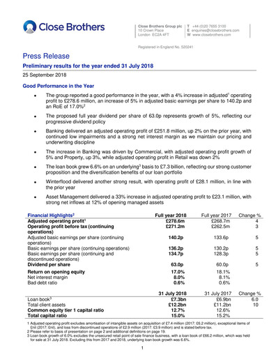 Thumbnail Close Brothers Group Financial Report 2018
