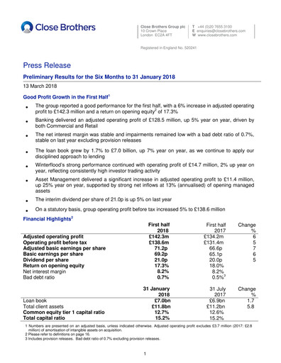 Thumbnail Close Brothers Group Half-year Report 2018-h1