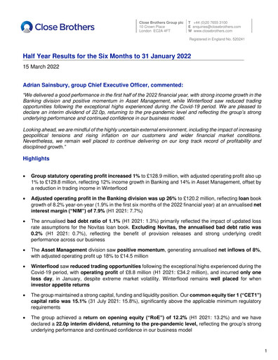 Thumbnail Close Brothers Group Half-year Report 2022-h1