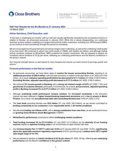 Thumbnail Close Brothers Group Half-year Report 2023-h1