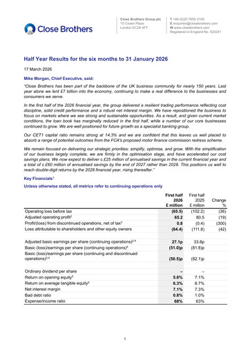 Thumbnail Close Brothers Group Half-year Report 2026-h1