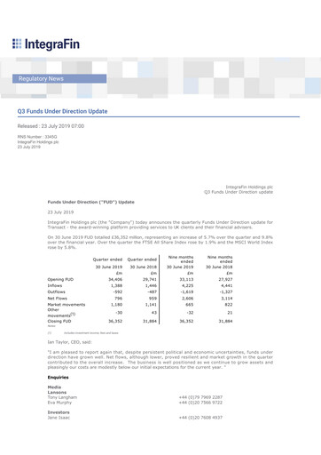 Thumbnail IntegraFin Quarterly Report 2019-q3