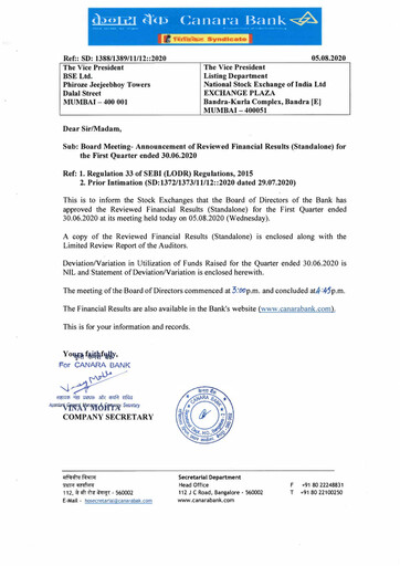 Thumbnail Canara Bank
 Quarterly Report 2020-q1