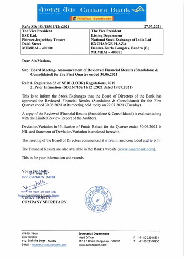 Thumbnail Canara Bank
 Quarterly Report 2021-q1