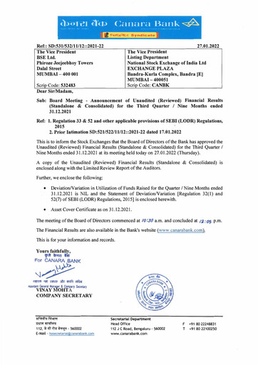 Thumbnail Canara Bank
 Quarterly Report 2021-q3