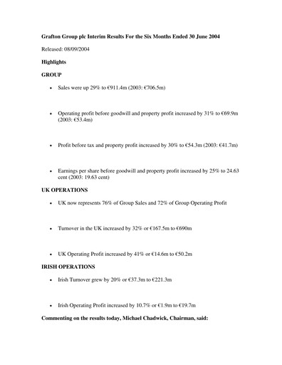 Thumbnail Grafton Group Half-year Report 2004-h1