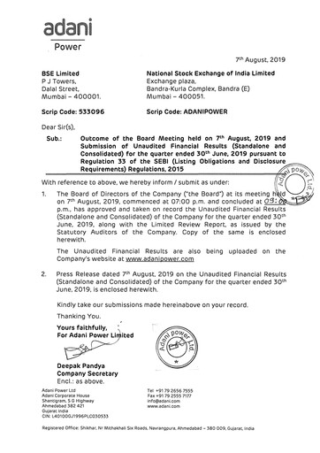 Thumbnail Adani Power Quarterly Report 2019-q1