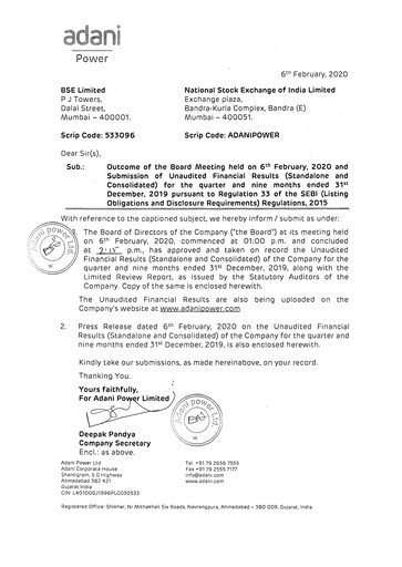Thumbnail Adani Power Quarterly Report 2019-q3