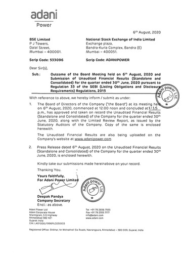 Thumbnail Adani Power Quarterly Report 2020-q1