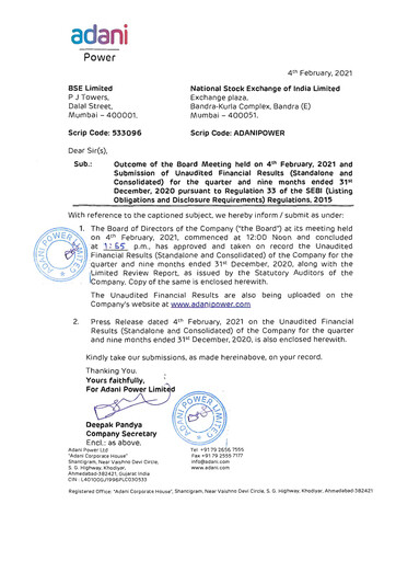 Thumbnail Adani Power Quarterly Report 2020-q3