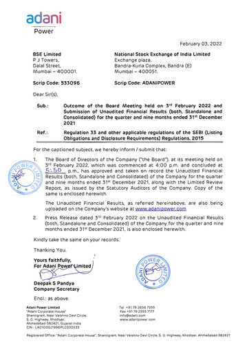 Thumbnail Adani Power Quarterly Report 2021-q3