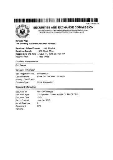 Thumbnail Bank of the Philippine Islands Quarterly Report 2016-q2