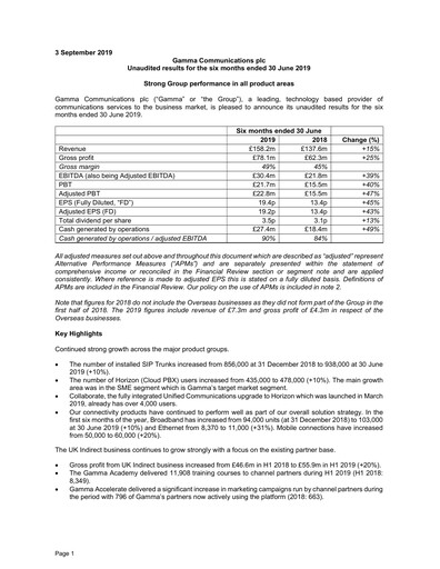 Thumbnail Gamma Communications Half-year Report 2019