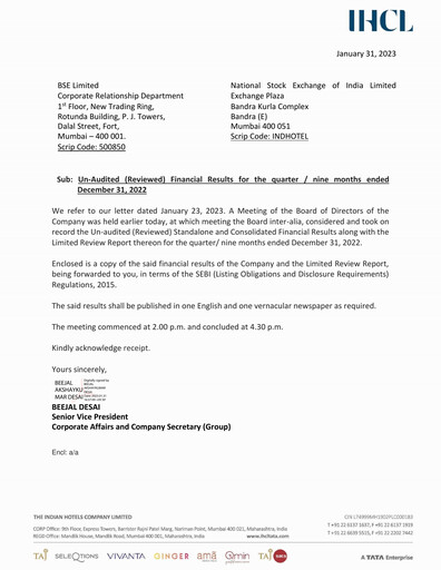 Thumbnail Indian Hotels Company Quarterly Report 2022-q3