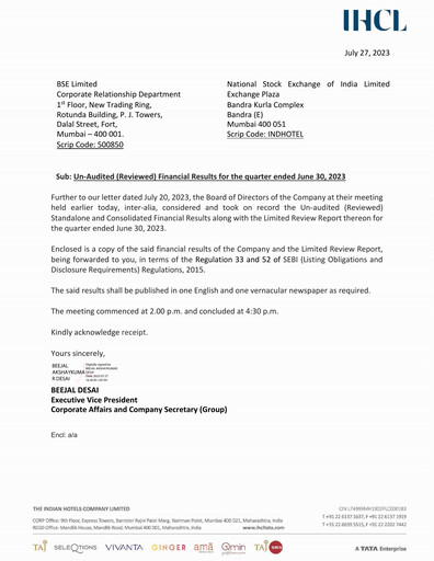 Thumbnail Indian Hotels Company Quarterly Report 2023-q1