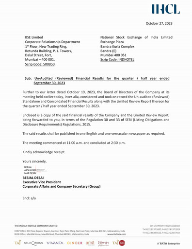 Thumbnail Indian Hotels Company Quarterly Report 2023-q2