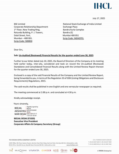 Thumbnail Indian Hotels Company Quarterly Report 2025-q1