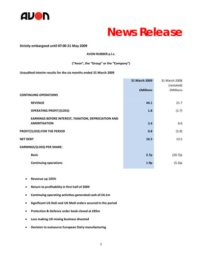 Vorschaubild Avon Protection Finanzbericht 2009-h1