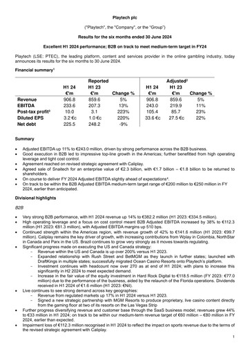 Vorschaubild Playtech Finanzmitteilung 2024-h1