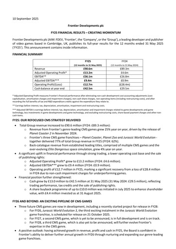Thumbnail Frontier Developments Financial Report 2025