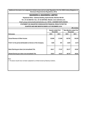 Thumbnail Mahindra & Mahindra Quarterly Report 2016-q3