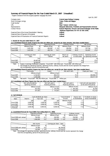 Thumbnail Central Japan Railway Financial Statement fy2007