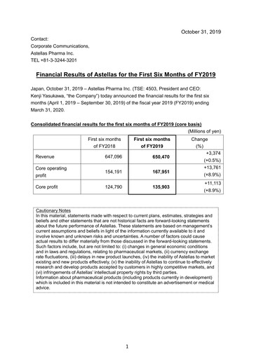 Thumbnail Astellas Pharma Half-year Report fy2019-h1