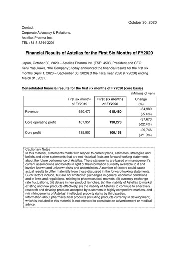Thumbnail Astellas Pharma Half-year Report fy2020-h1