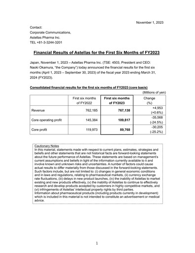 Thumbnail Astellas Pharma Half-year Report fy2023-h1