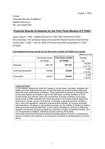 Thumbnail Astellas Pharma Quarterly Report fy2022-q1