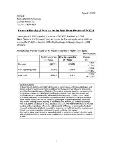Thumbnail Astellas Pharma Quarterly Report fy2023-q1