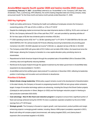 Miniature ArcelorMittal Rapport trimestriel 2020-q4