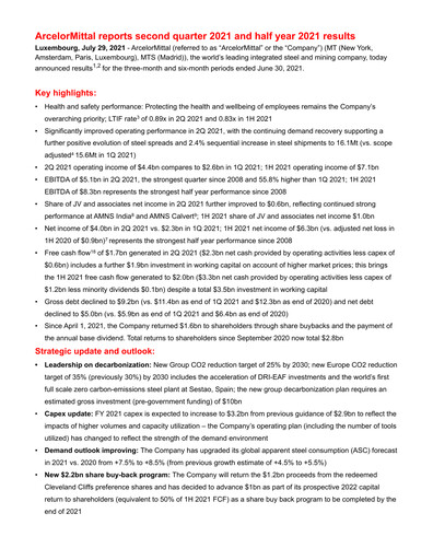 Miniature ArcelorMittal Rapport trimestriel 2021-q2