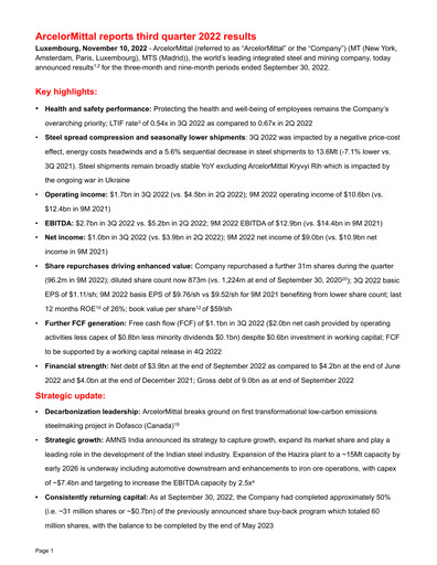 Miniature ArcelorMittal Rapport trimestriel 2022-q3