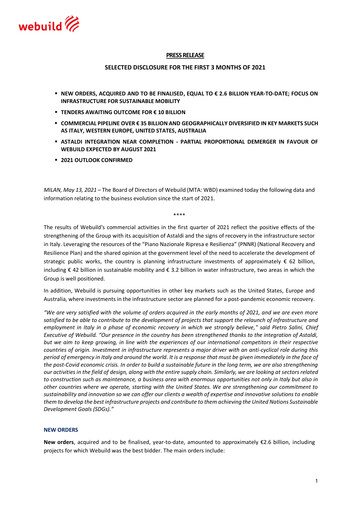 Miniature Webuild S.p.A. Rapport trimestriel 2021-q1
