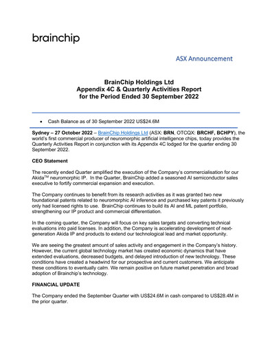 Miniature BrainChip Rapport trimestriel 2022-q3