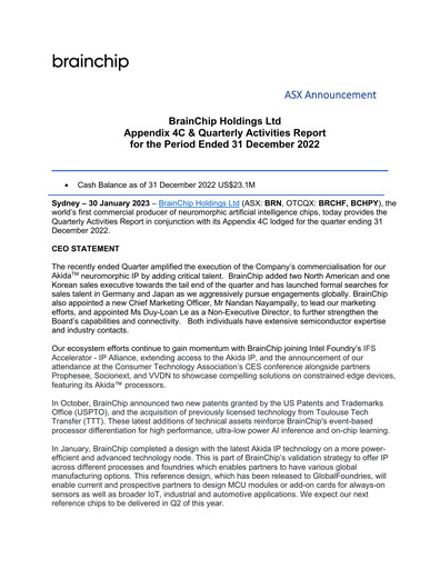 Miniature BrainChip Rapport trimestriel 2022-q4