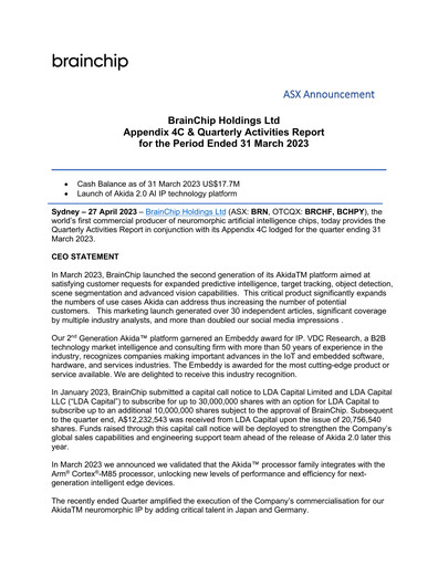 Miniature BrainChip Rapport trimestriel 2023-q1