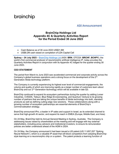 Miniature BrainChip Rapport trimestriel 2023-q2