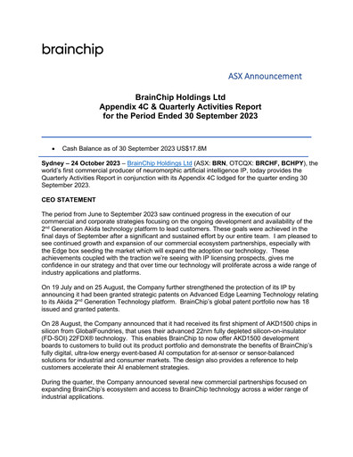 Miniature BrainChip Rapport trimestriel 2023-q3